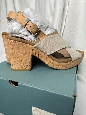 Toms Beige Cork Platform Wedge Sandals